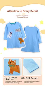 Detail of embroidered cartoon cats on light blue knitted cotton long sleeve dress