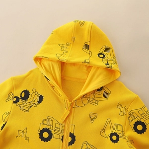 Yellow hooded cotton jacket for boys with black all-over cartoon construction vehicle prints