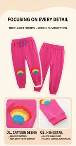 Detail of pink girls' joggers featuring rainbow shell embroidery and drawstring waist