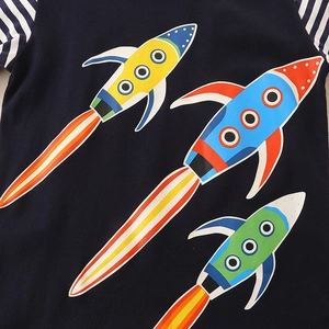 Dark blue boys' long sleeve shirt with glow rockets and striped sleeve details