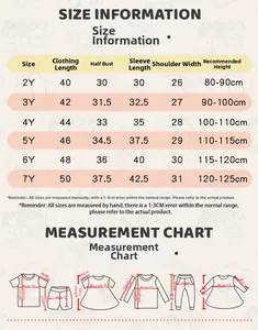 Size information chart for kids long sleeve shirts featuring measurements for ages 2Y to 7Y