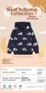 Detail of navy girls hoodie showing floral squirrel print and ribbed cotton cuffs