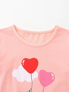 Pink girl's cotton T-shirt featuring a cute cartoon heart balloon and round neckline