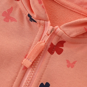 Pink hooded jacket for girls with butterfly print and smooth resin zipper detail