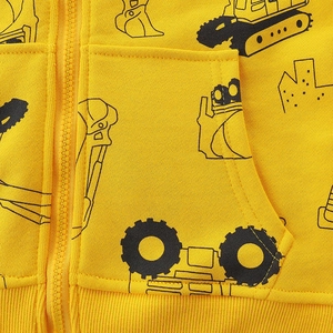 Kids yellow hooded zip jacket with black construction vehicle print and knit texture