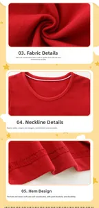 Detail view of cotton fabric texture, elastic neckline and double-stitched hem on girls' red tee