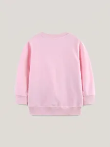 Pink crewneck sweatshirt for girls featuring ribbed cuffs and back flat lay view