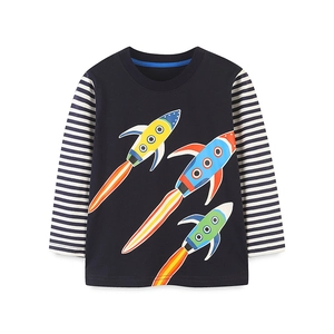 Kids navy cotton long sleeve T-shirt with luminous rocket print and striped sleeves