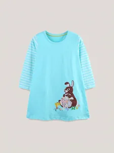 Robe en Coton à Manches Longues pour Filles Patchwork à Rayures Robe de Princesse Avec Broderie Lapin Mignonne Vêtements Décontractés d'Automne pour Enfants