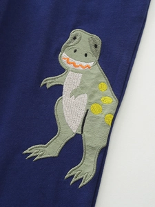 Boys navy blue cotton sweatpants with cute green dinosaur embroidery detail
