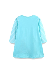 Robe en coton bleu pour fille avec col rond et manches à rayures pour un look décontracté