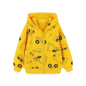 Yellow hooded cotton jacket for boys featuring black construction vehicle all-over prints