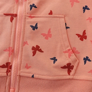 Girl's pink hooded zip-up sweatshirt with colorful butterfly prints and ribbed hemline
