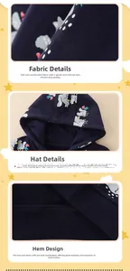 Detailed views of girls' navy hoodie showing soft fabric, hood design, and elastic hem