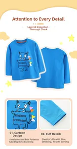 Détail de l'imprimé monstre et des coutures sur t-shirt bleu à manches longues pour garçon