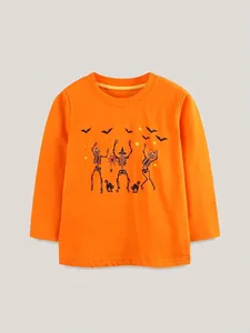 Kinder Halloween Tanzendes Skelett Druck Langarm T-Shirt 100% Baumwolle Orange Kleinkind Herbst Casual Top Für Jungen Mädchen