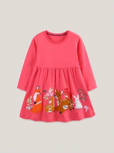 Robe en Maille de Coton à Manches Longues pour Filles Broderie Appliquée Animaux de la Forêt Rose Décontracté Automne