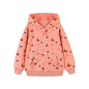 Girls coral pink zip-up hoodie with cartoon butterfly print and ribbed cuffs