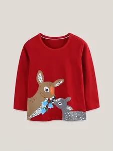 Girls Autumn Cotton Long Sleeve T-Shirt Cute Cartoon Deer Printed Round Neck Casual Top Clothing For Toddler Children