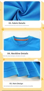 Détails du tissu, du col côtelé et de l'ourlet d'un t-shirt bleu en coton pour garçon