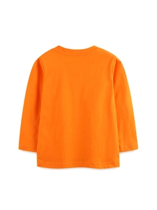 Rückansicht eines orangefarbenen langärmeligen Kinder-T-Shirts mit schlichtem Rundhalsausschnitt