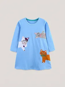 Girls Long Sleeve Knitted Cotton Dress Cute Cartoon Cat Applique Embroidery Princess Dress Casual Blue Daily Kids Dress
