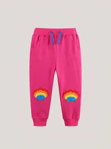 Kids Girls Rose Red Cotton Joggers Cartoon Rainbow Shell Embroidered Sporty Casual Sweatpants For Children Daily Wear