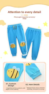 Detail of blue toddler joggers featuring bee embroidery and elastic ribbed cuffs