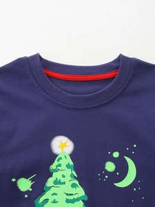 Navy blue long sleeve kids Christmas shirt with glow in the dark tree and star print