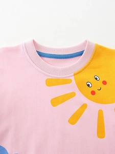 Pink cotton sweatshirt for girls featuring a yellow sun print and comfortable crew neck