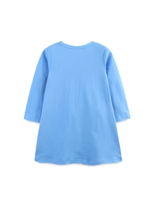 Sky blue knit cotton long sleeve girls dress with A-line back view for spring