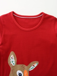 Red cotton long sleeve t-shirt for girls featuring a cute cartoon deer print on the front