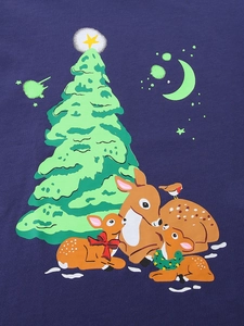 Navy blue kids long sleeve T-shirt with luminous Christmas reindeer and tree print