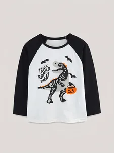 Boys Halloween Long Sleeve T-Shirt 100% Cotton Raglan Top With Dinosaur Skeleton Pumpkin Trick Or Treat Print Casual Clothing