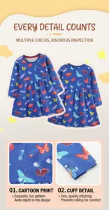 Détails de l'imprimé papillon et des coutures sur une robe en coton bleu roi pour fille