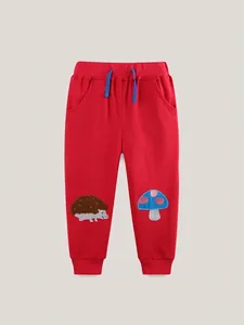 Pantalon de Jogging en Coton Rouge pour Filles avec Broderie Hérisson et Champignon Cordon de Serrage Contrasté