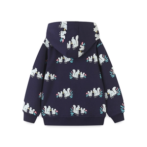 Navy blue girls hoodie with squirrel and floral prints, featuring ribbed cuffs and hem