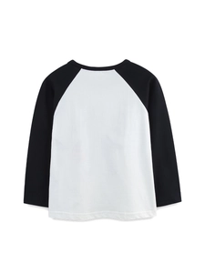 Back view of boys Halloween long sleeve cotton T-shirt with black and white raglan sleeves