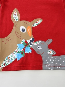 Girls red cotton long sleeve T-shirt featuring cartoon deer and floral prints