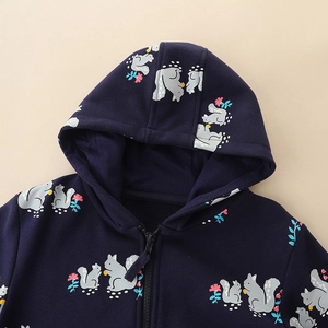 Dark blue zip-up hoodie for girls with squirrel and floral prints and knit texture