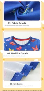 Détails de la robe en coton avec motifs papillons colorés et finition douce du col