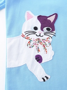 Girls long sleeve cotton dress in sky blue with cute cat applique and floral bow