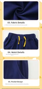 Detail of navy boy's joggers featuring a ribbed elastic waist and bright yellow drawstrings