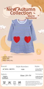 Detail view of cotton striped girl's dress showing red heart pockets and ruffled shoulders