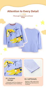 Détail d'un t-shirt enfant à manches longues en coton lilas avec imprimé crocodile
