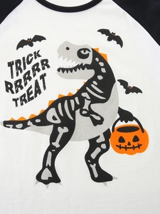 Boys Halloween raglan t-shirt with cartoon dinosaur skeleton and pumpkin print