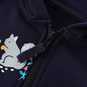 Kids navy zip-up hoodie with cute cartoon squirrel print and ribbed cotton fabric detail