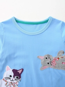 Girl's light blue cotton dress with cute cartoon cat embroidery patches and round neck