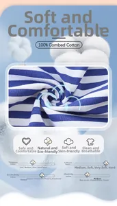 Detail showing 100% combed cotton texture and blue striped fabric of the girl's dress
