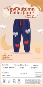 Detail of navy joggers featuring floral heart patches and a red drawstring waist
